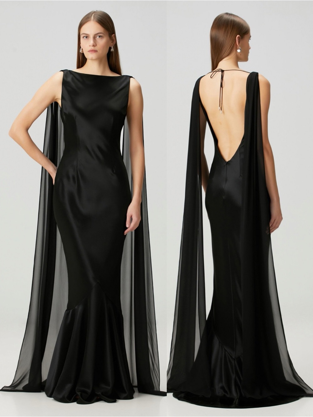 Retrofete Julia Boat Neck Open Back Cape Satin Maxi Dress Black NEW with tags - Picture 10 of 10